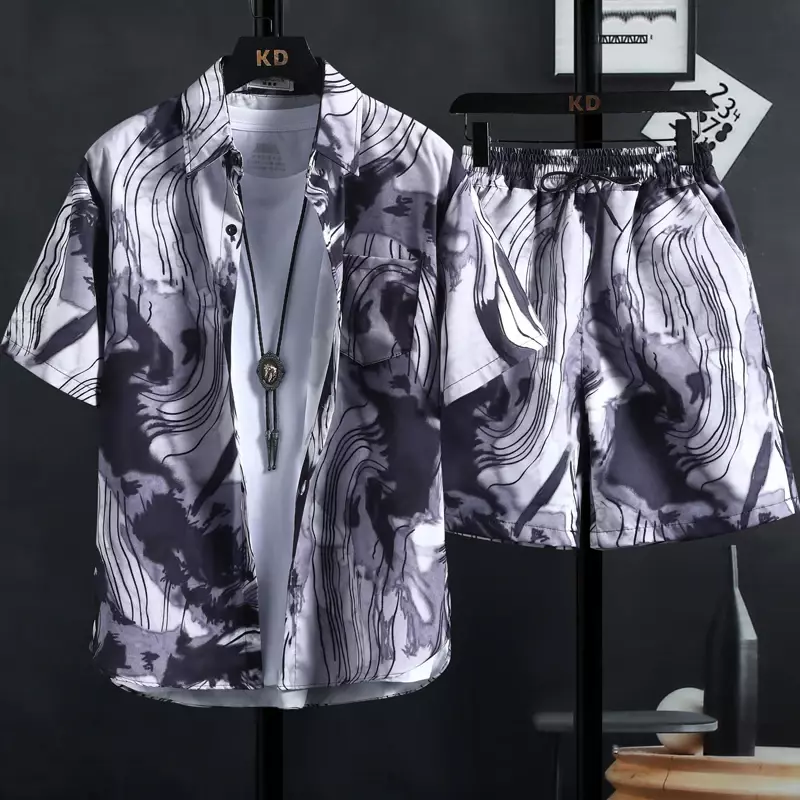 [M-3XL] Новые мужские комплекты рубашек с принтом, высококачественные модные трендовые шорты, повседневные топы с цветочным принтом в гавайском стиле, для мужчин и женщин