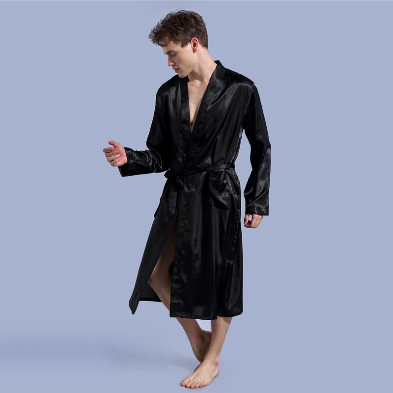 남성용 단색 실크 새틴 가운, 긴 소매 잠옷, 부드러운 기모노 잠옷, 목욕 가운
