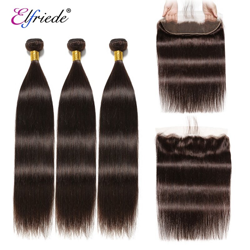 ElfriEZE-Pacotes de cabelos lisos de cor marrom escura, Frontal 100% cabelo humano, Tramas de costura, 3 pacotes com renda frontal, 13x4, #2