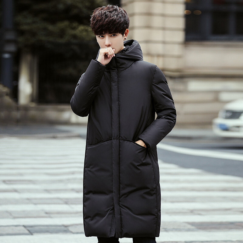 Новинка Зима 2022, мужской пуховик средней длины, утепленный тренд корейской версии, приталенный силуэт, красивое Мужское пальто с капюшоном
