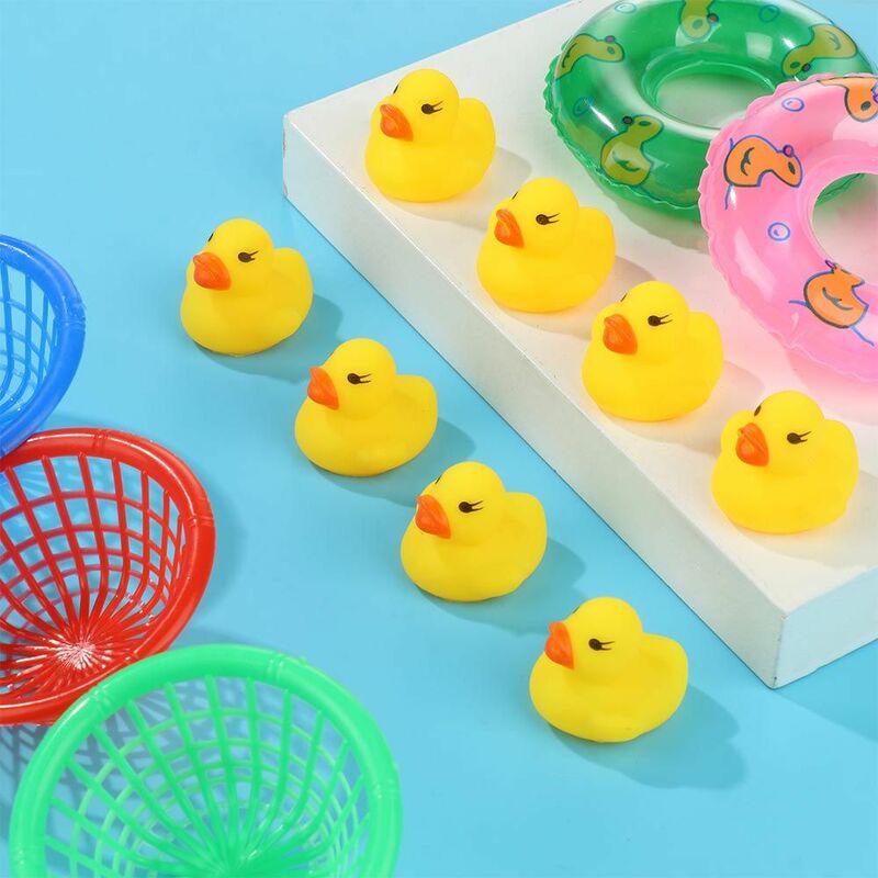 Mini Water Fun Floating Yellow Ducks Kids Bath Toys Fishing Net Swimming Rings