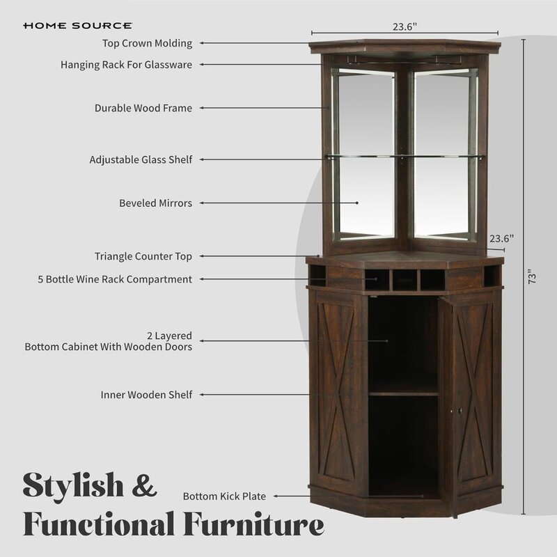 73" Tall Corner Storage Cabinet with Wood Doors, Wine Rcak, Liquor Glass Holder, Glass Design Large Rustic Bar Hutch Living Room