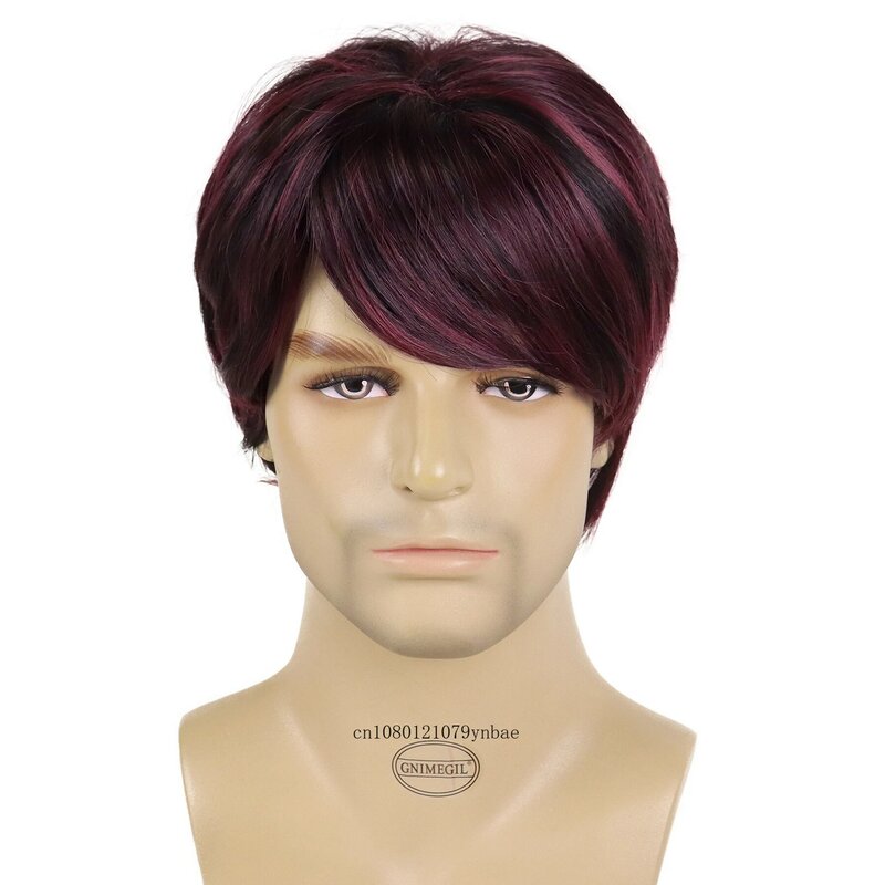 Synthetic Hair Wine Red Wig with Bangs for Men Short Curly Wigs Natural Hairstyles Daily Cosplay Costume Party Adjustable Cap