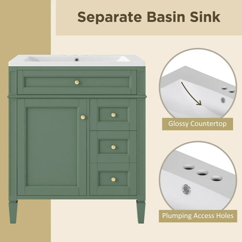 30inch Single Sink Bathroom Vanity, Modern Bathrooms 3 Drawers 1 Door 1 Tip-Out Drawer Cabinets, Small Spaces Washing Sink