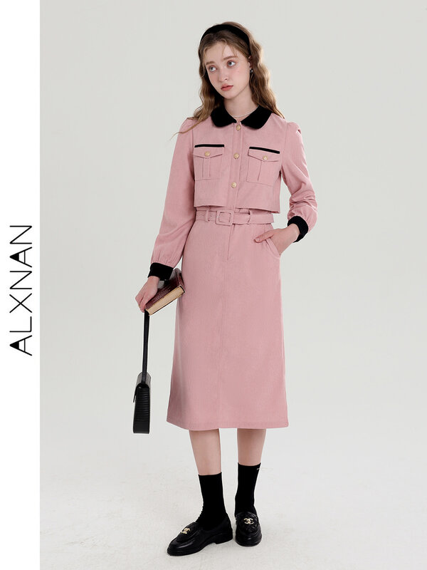 ALXNAN 2024 damska Temperament różowa sukienka klapa z długim rękawem pasek jednorzędowy strój damski na co dzień biurowa sukienka damska T00915
