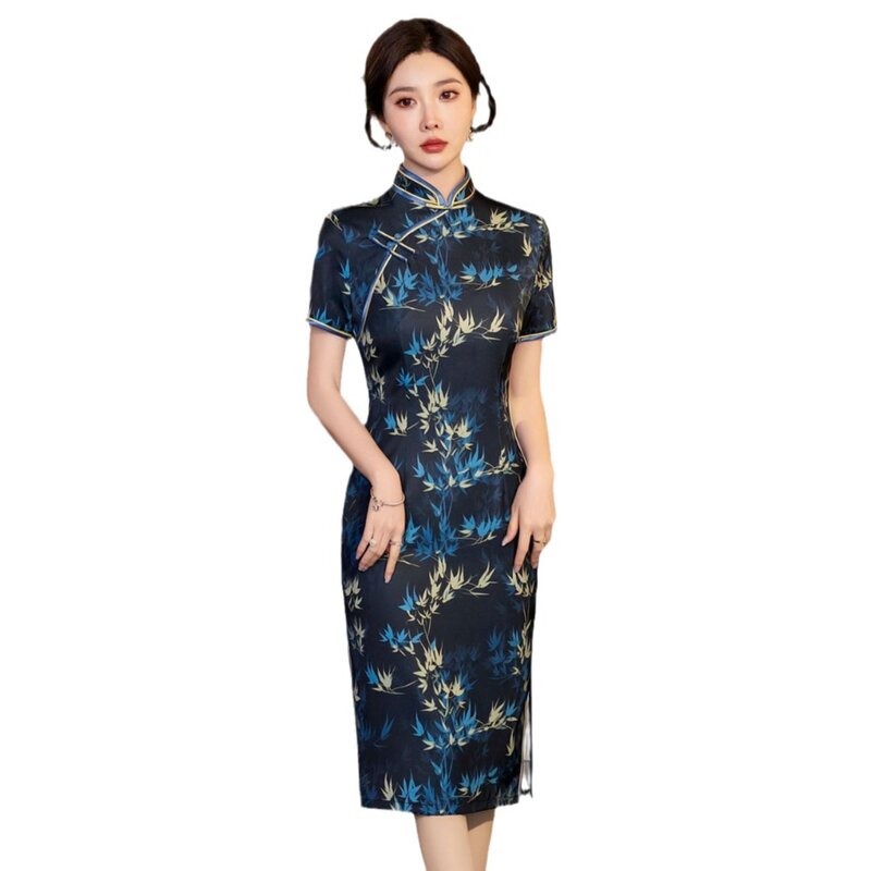 Cheongsam emagrecimento elegante vestido de passarela, impressão literária de flores, vestido de noivado nupcial modificado com quadril