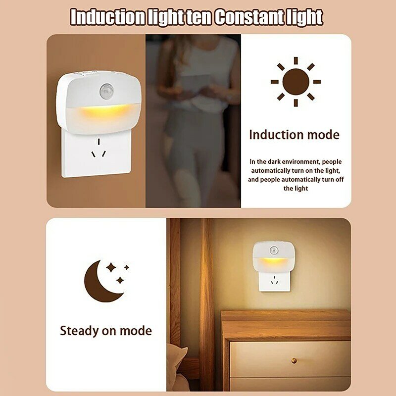 Luz LED nocturna con Sensor de movimiento, lámpara de noche con enchufe europeo y estadounidense, decoración para dormitorio de niños, pasillo, escaleras, WC, mesita de noche