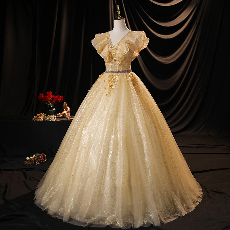 Błyszczące cekiny suknia sukienka na studniówkę 3D kwiat aplikacja koraliki suknia wieczorowa Ruffles krótkie rękawy Homecoming Robe De Mariée