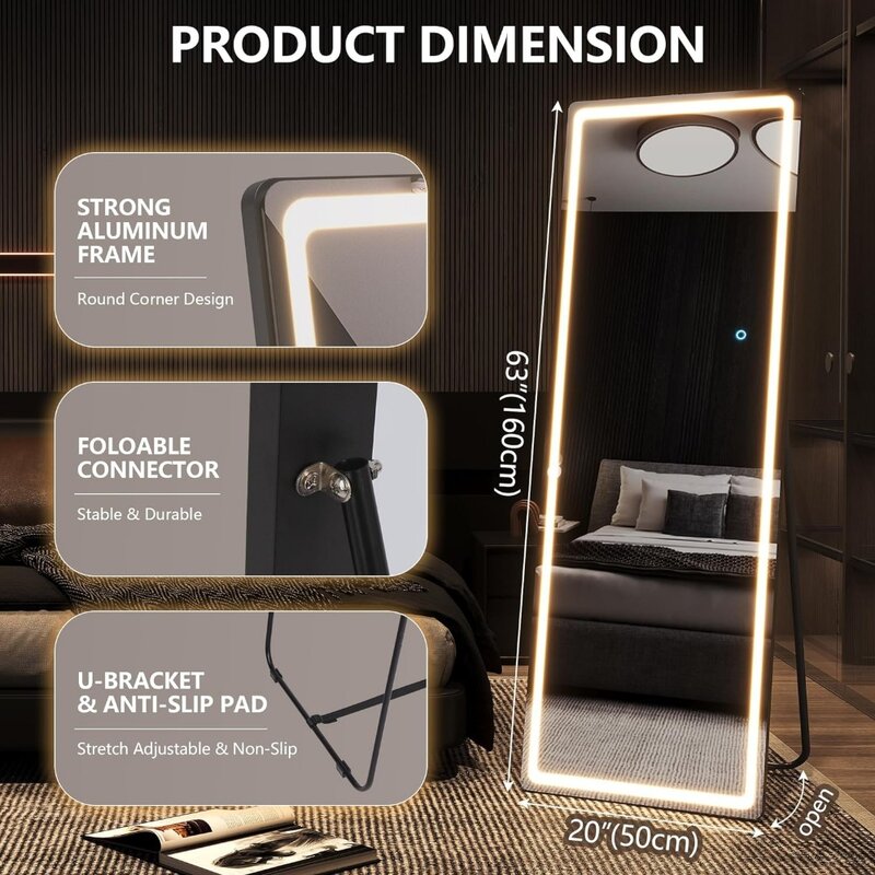 Full length mirror, 63 "x 20" independent floor standing mirror, 3-color LED lighting, and adjustable brightness - black frame