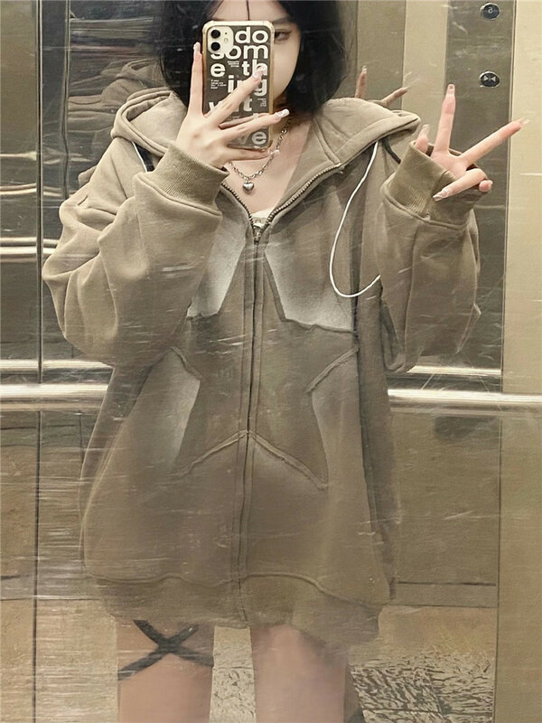 Đầm Áo Dép Nữ Ngôi Sao Thiết Kế In Hình Khóa Kéo Áo Hoodie Nữ Hip Hop Rời Harajuku Punk Theo Phong Cách Kiến Trúc Gothic Y2k Nữ hàng Đầu