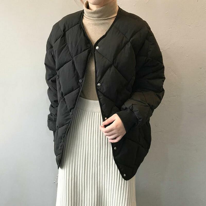 Casaco de manga longa padrão losango feminino, monocromático, acolchoado com decote V, jaqueta de algodão de peito único, casacos casuais macios, inverno