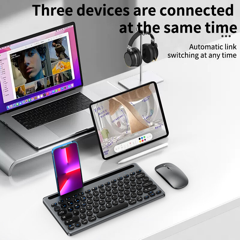 Zestaw klawiatura i mysz Bluetooth kompatybilny dla systemu Mac Windows z możliwością ładowania wielu urządzeń mysz z uchwytem na telefon