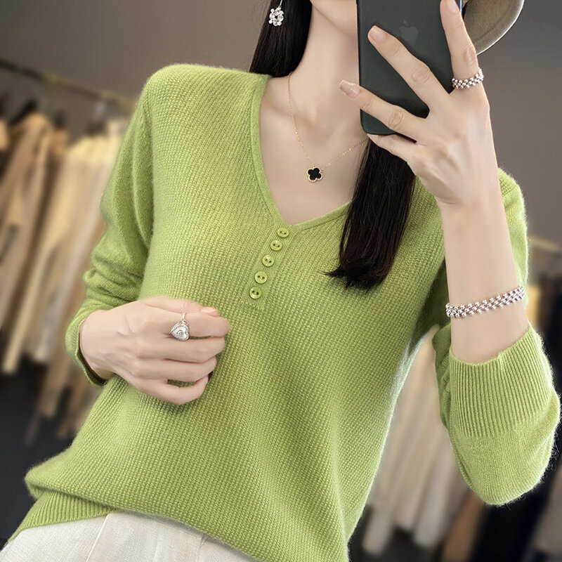 Women's Pullover Autumn New Worsted Wool Sweater Casual Solid Color Knitwear Ladies' Tops Loose V Neck Blouse Button