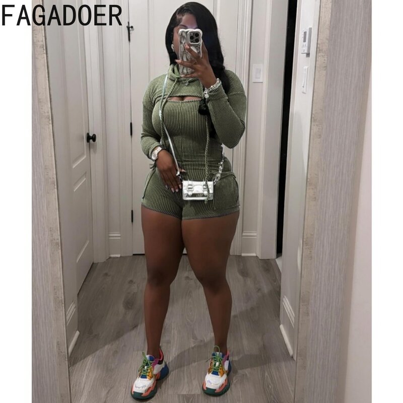 Fagadoer ชุดรอมเปอร์คาร์โก้มีกระเป๋าสีล้วนแฟชั่นสำหรับผู้หญิงชุดจั๊มสูทชุดเอี๊ยมฤดูร้อนแบบมีฮูดดี้แขนยาว