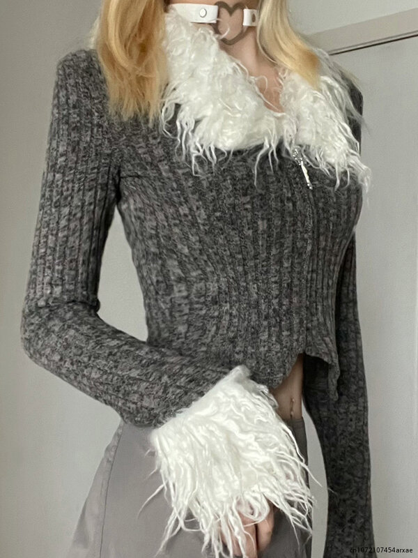 Y2k-女性用の模造毛皮の襟とカフニットのセーター,暖かくタイトな冬の服,ジッパー付き,グレー