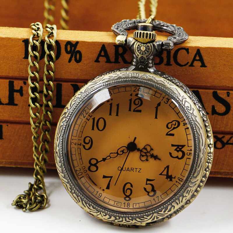 Relógio de bolso de quartzo com corrente, relógios fob, capa de vidro marrom escuro, presente para homens e mulheres, nova moda, 2023