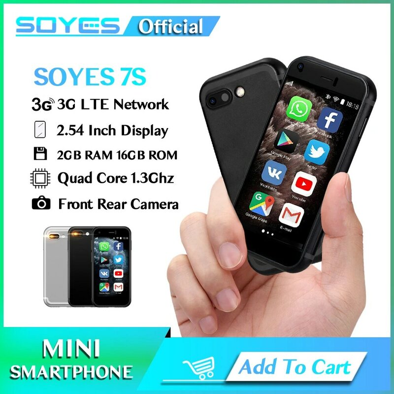 SOYES-Mini Smartphone Android, 7S, Alta Resolução 2,54 ", Quad Core, 2GB RAM, 16GB ROM, Dual SIM, 1000mAh, Bolso 5MP, Pequeno Celular