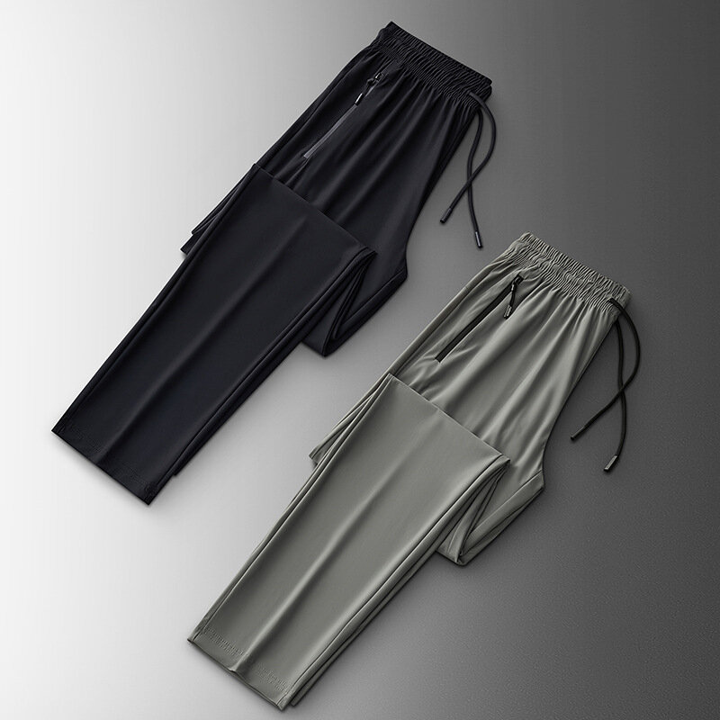 Pantalones pitillo informales de seda de hielo de gran tamaño para hombre, ropa de verano para correr, chándal deportivo con cremallera, 8XL
