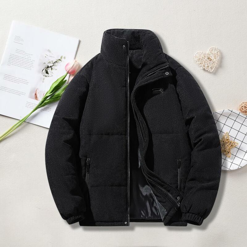 Stylish Zipper Jacket for Men Men's Winter Cotton Coat with Stand Collar Thick Padded Windproof Warmth Zipper Closure for Men