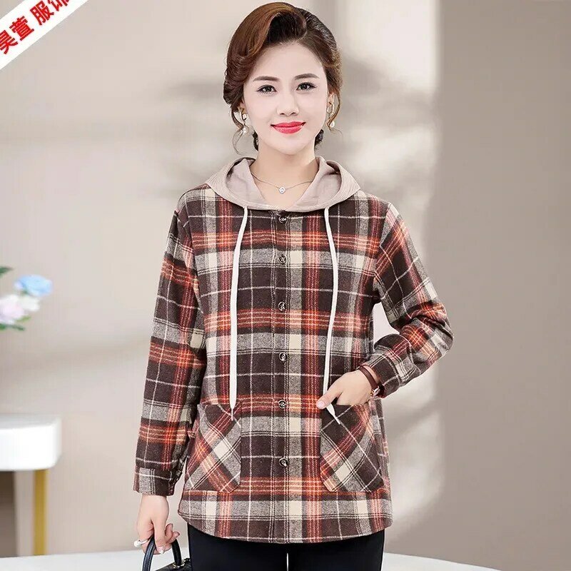 Spring Autumn Winter Add Velvet Korean Casual Plaid Coat Cardigan Hooded Loose Long Sleeved Shirt Jacket Women's Outerwear 2024