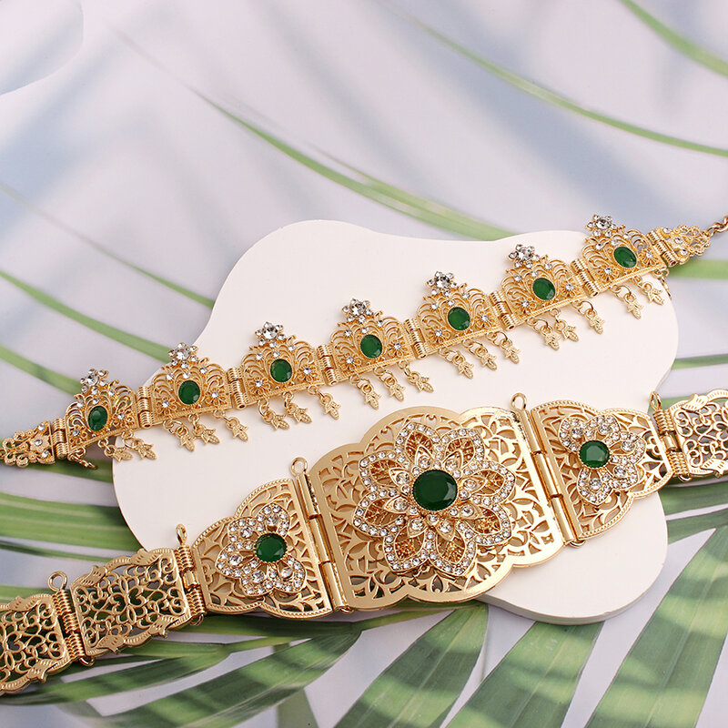 Cinturones de boda de caftán marroquí, conjunto de joyería de boda de lujo chapada en oro, cadena de vestido de novia árabe musulmán, accesorio de novia