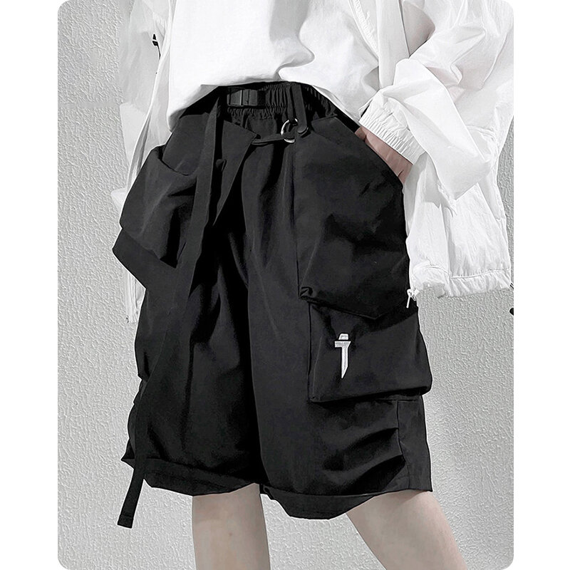 Pantalones cortos de cintura elástica por encima de la rodilla para hombre, Shorts japoneses holgados con múltiples bolsillos, ropa de verano Harajuku