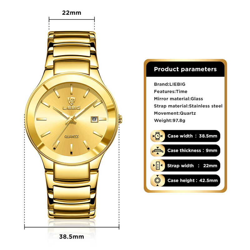 Liebig นาฬิกาข้อมือควอทซ์สีทองกันน้ำได้สำหรับผู้หญิงนาฬิกาผู้ชาย relogio masculin สายเหล็กเต็มรูปแบบใหม่หรูหรา