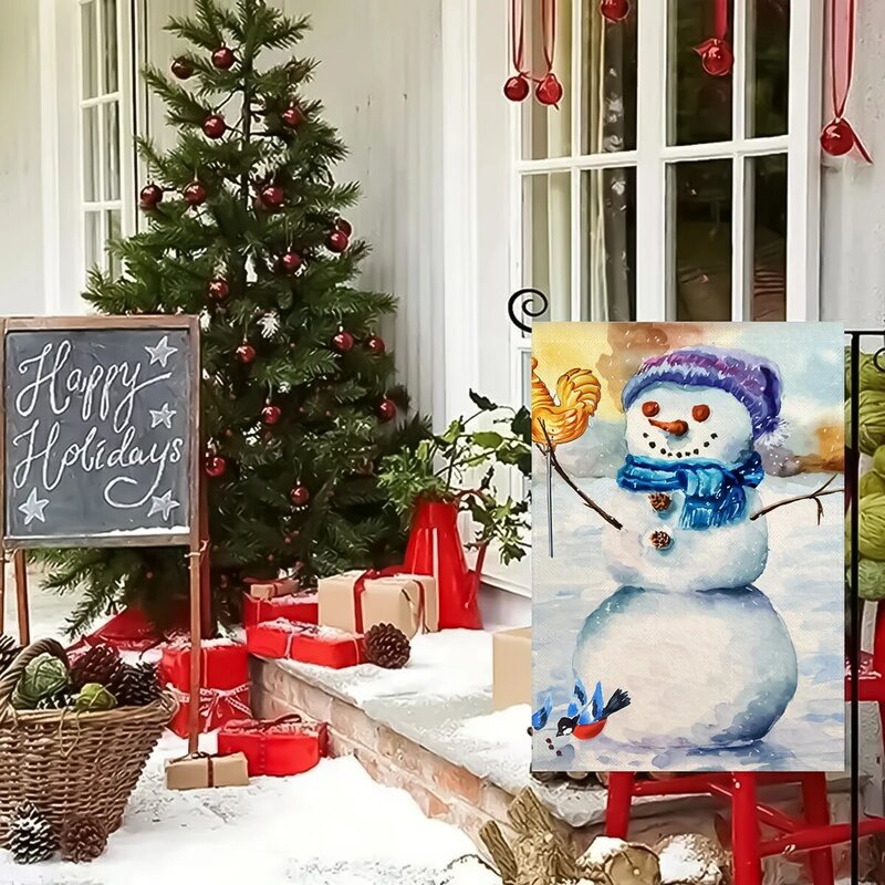 Drapeau de jardin imprimé double face bonhomme de neige, motif chat et chien, décoration de cour de ferme de Noël, sans mâts, 1PC