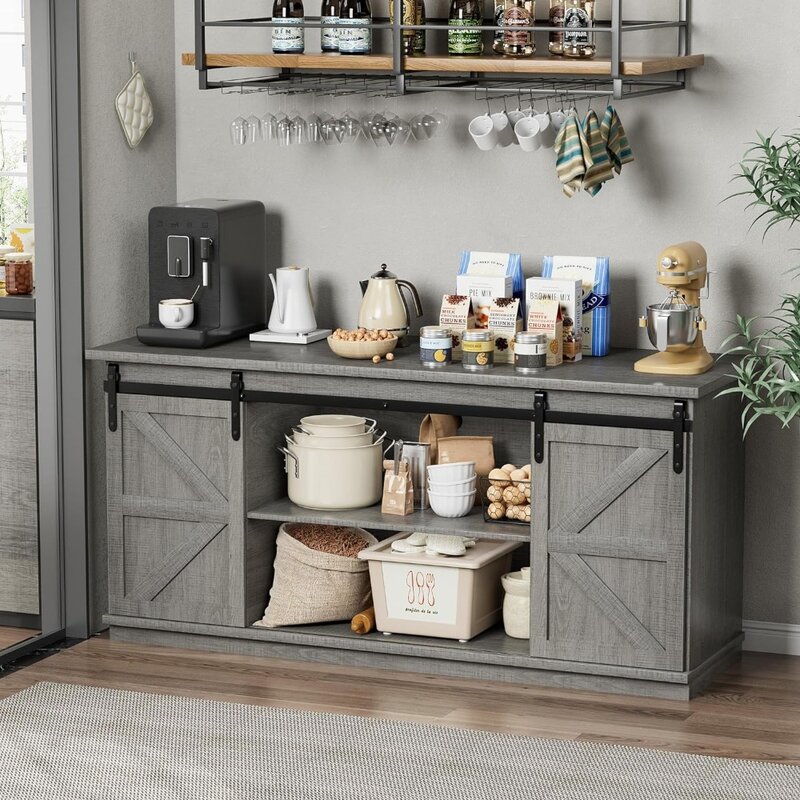 Farmhouse Sideboard Buffet Cabinet, Coffee Bar Storage with Sliding Barn Doors, Shelf for Home Dining Room, 27.5 Height