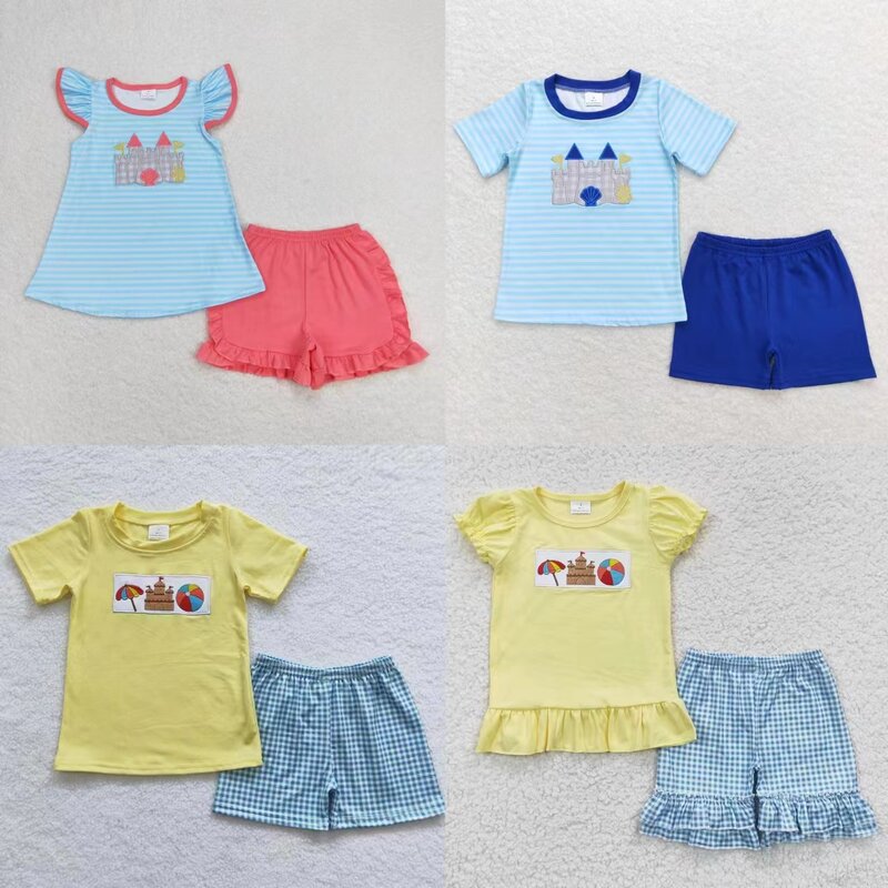 유아용 여름 자수 세트, 반팔 모래 성 셔츠, 어린이 반바지, 아기 소년 소녀 비치 코튼 복장