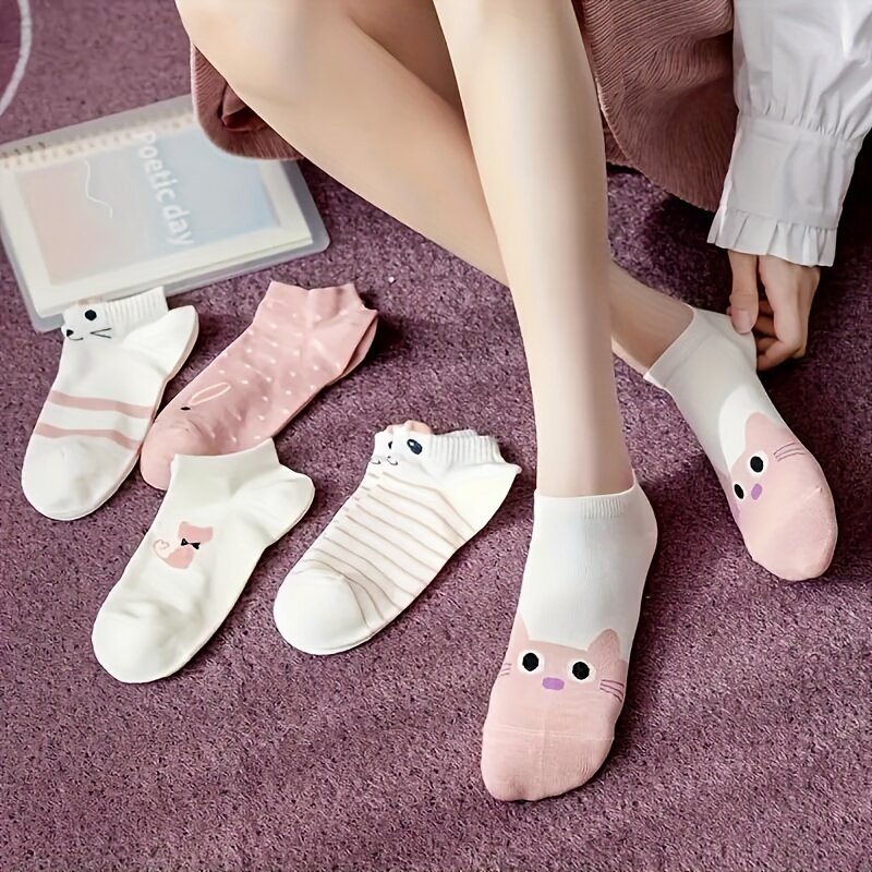 5 пар Симпатичные носки до щиколотки с мультяшным принтом кота для женщин-мягкие, удобные и стильные Чулочные изделия