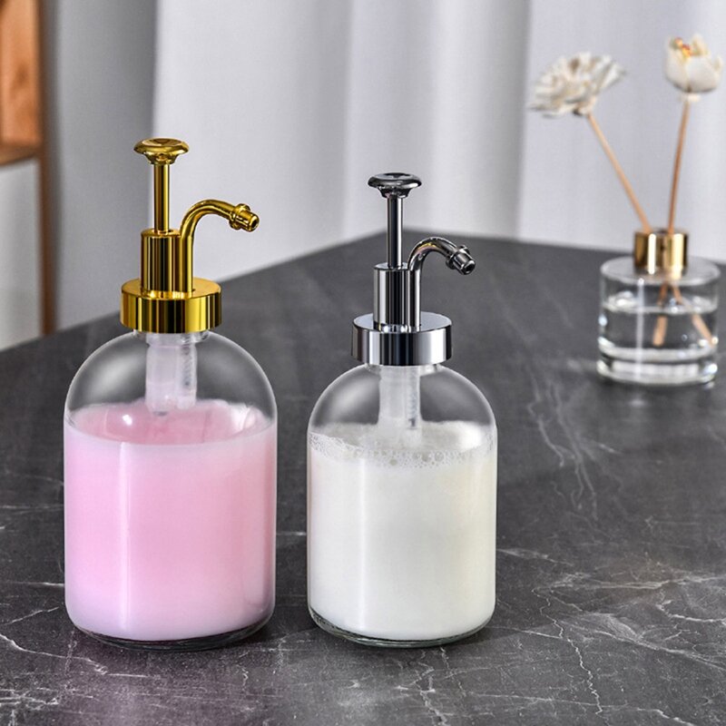2Pcs Thick Clear Glass Jars Soap Dispenser With Pump Round Bottles Dispenser With Rustproof Pump Dish Soap Dispensers