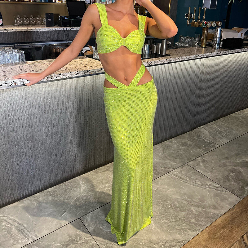 Summer Outfits Sparkly Sequins Vest Two Suit Sexy Midriff Fishtail Dress Suit Bikini Cover Up Beach 2024 Swimwear Female Clothes