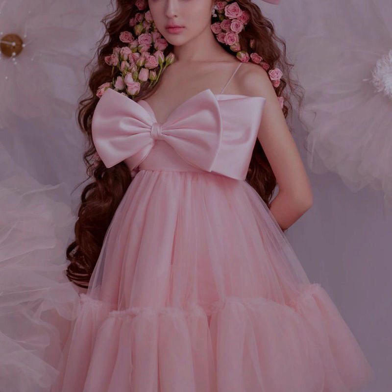 Gaun Prom 2023 gaun pesta mewah gaun wisuda rok besar busur merah muda gaun Mini putri pakaian fotografi foto Kawaii