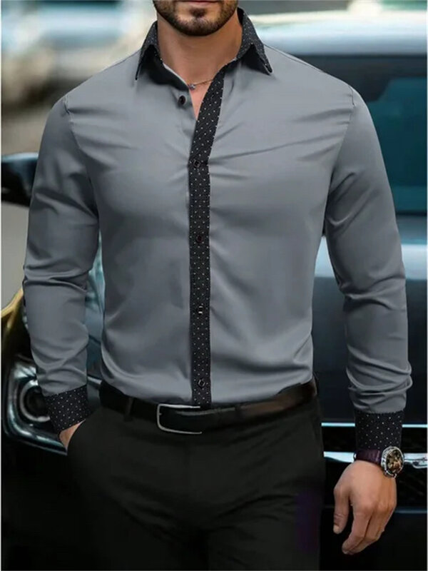 ラペル付きメンズ長袖シャツ,快適で柔らかなモデル,特大の男性用ボタン付きデザイン,ファッショナブルな服