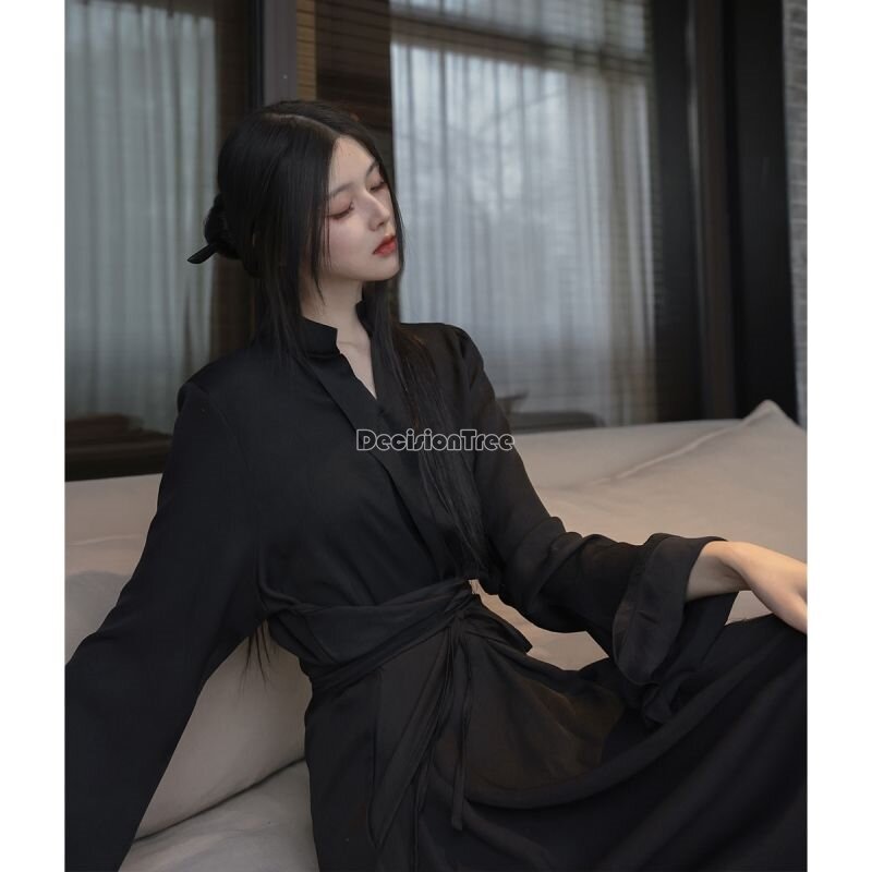 Vestido elegante de manga larga con encaje hanfu, traje de estilo chino con temperamento, color sólido, cintura mejorada, arte de té retro, 2024