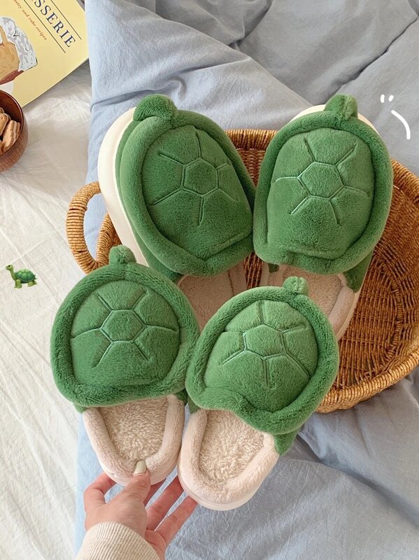 Cute Turtle Warm Plush Home Slippers Man Women Shoes For Parents Children Winter Comfortable Boys' Girls' Baby Slipper Kids
