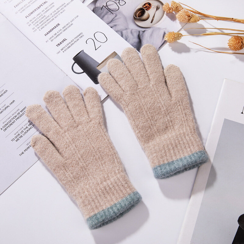 Kobiety jesienno-zimowy ekran dotykowy utrzymuj ciepło oraz aksamitne zagęścić dziewiarskie rękawiczki wełniane jazda na rowerze śliczne piękne mody na co dzień