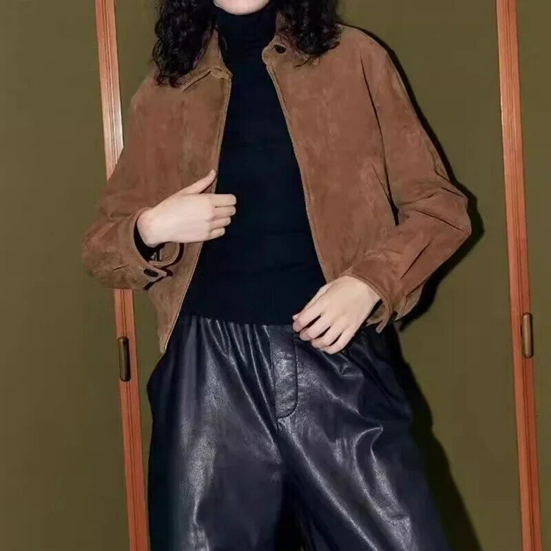 Klasyczna damska zamszowa kurtka brązowa prawdziwa kożuch jednorzędowy w stylu Vintage z długim rękawem kurtka elegancka