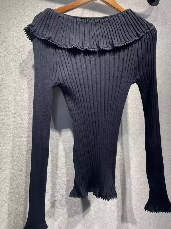 女性用フリル付きニットセーター,モノクロのスリムトップ,すべての一致,カジュアルなラウンドネック,秋