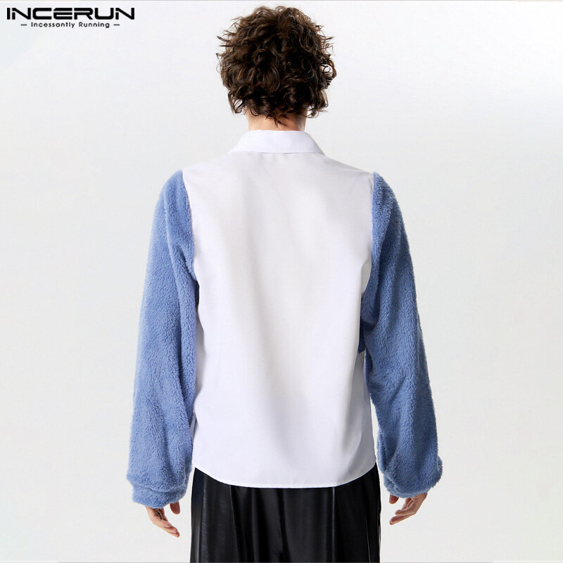 INCERUN Men Shirt Plush Patchwork Lapel Long Sleeve Button Casual Men Clothing Streetwear 2024 Fashion Leisure Camisas S-5XL