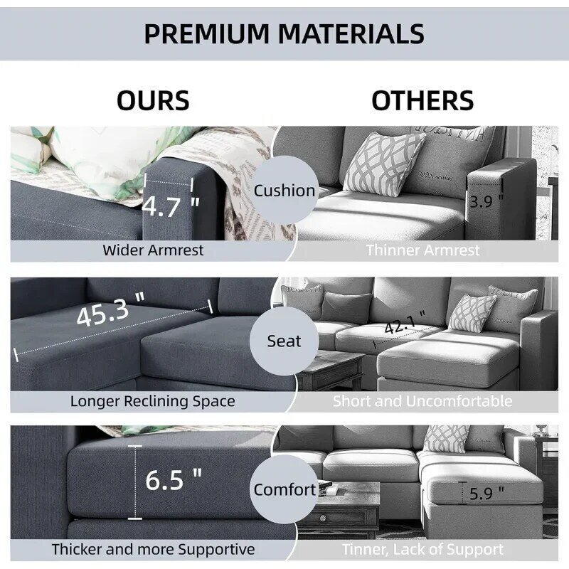 Shintenchi Convertible Sectional Sofa Couch, Modern Linen Fabric L-Shaped , 3-Seat Sofa Sectional with Reversible Chaise for Liv