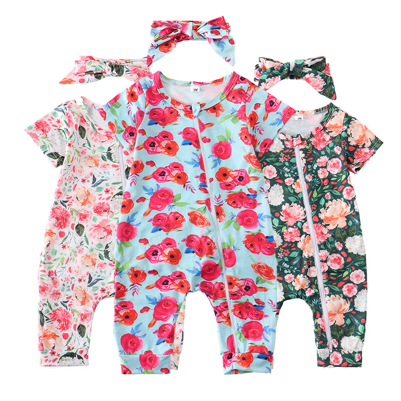 2024 Baby kleidung Neugeborenes Mädchen Sommer Doppel reiß verschluss Stram pler Blumen druck Rüschen Overall niedlichen Kleinkind Pyjama Outfit 3-24m