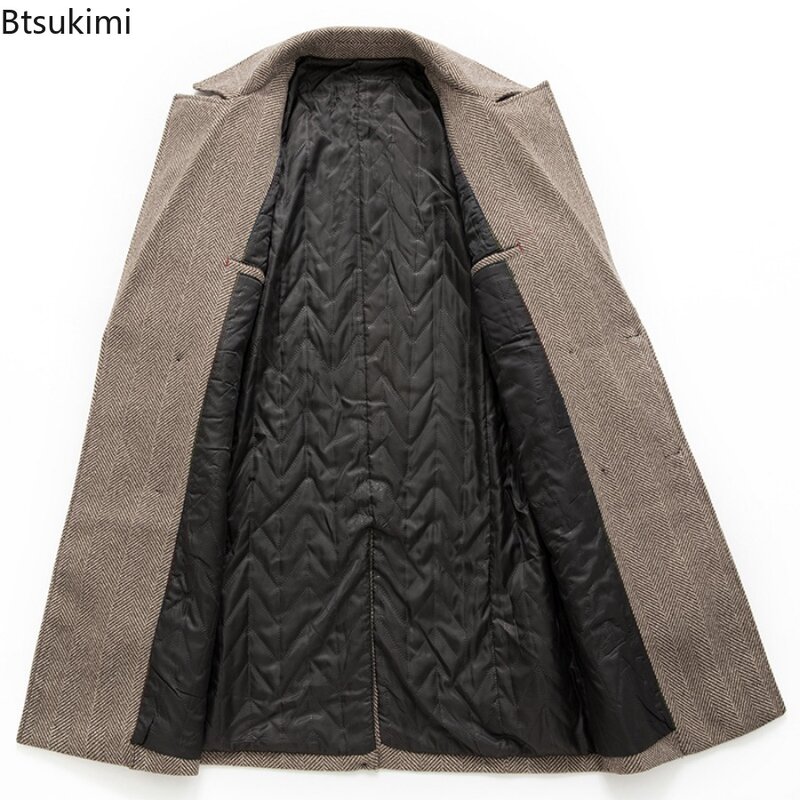 Casaco de lã de peito duplo masculino, trench coat simples de comprimento médio, jaqueta casual de lã, sobretudo masculino quente, negócio, novo, 2024