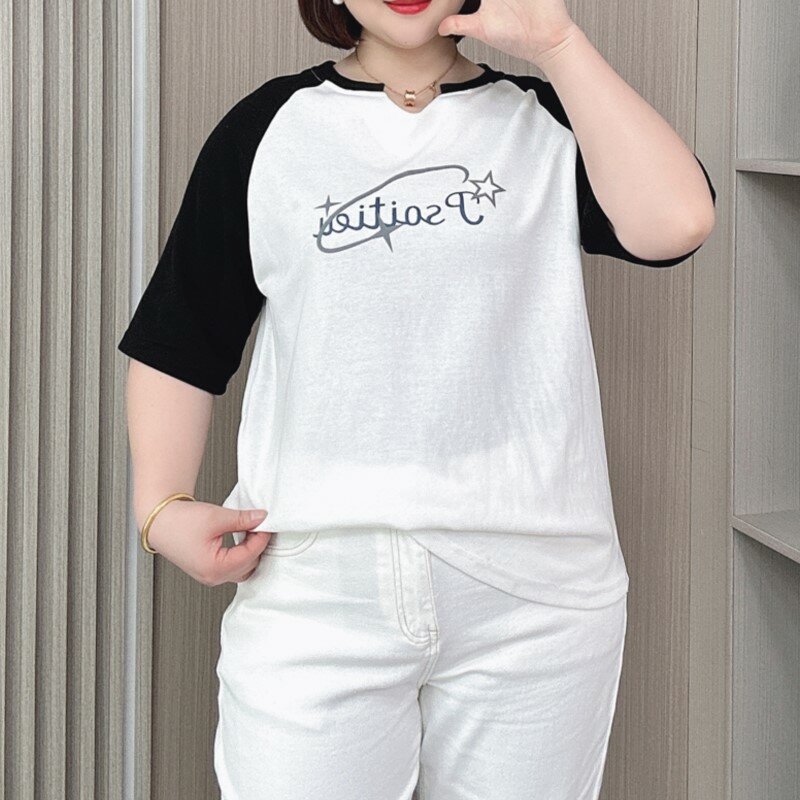 Camisetas de talla grande para mujer, Camiseta holgada informal de media manga, 2024