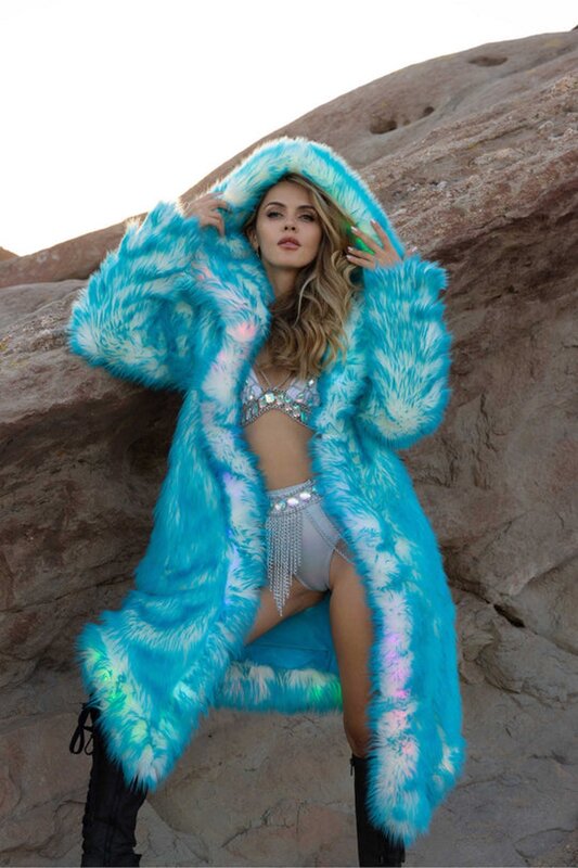 Faux Fox Fur Costume Coat para Mulheres, Iluminação LED, Controle Remoto, Festival e Festa, Novo