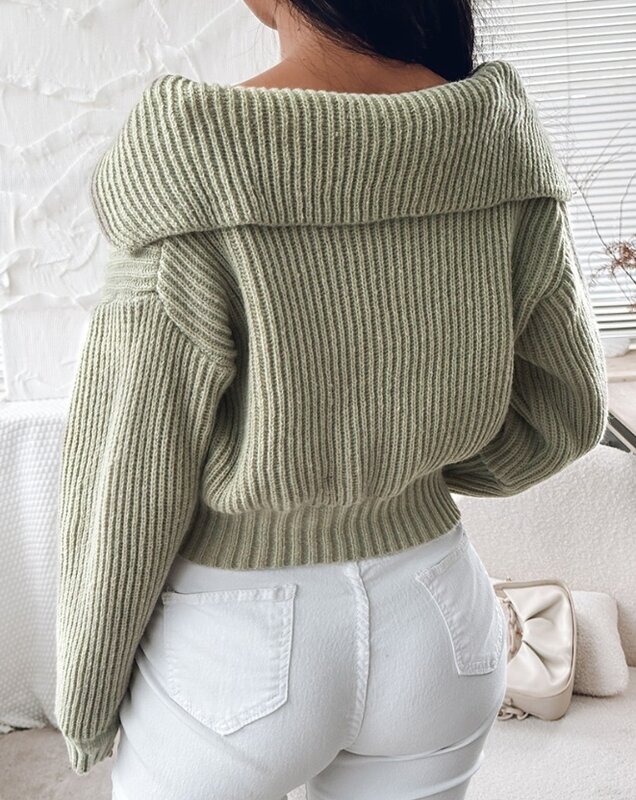 Женский Повседневный укороченный вязаный свитер с отложным воротником, женская одежда, новый зимний темпераментный женский модный трикотажный пуловер