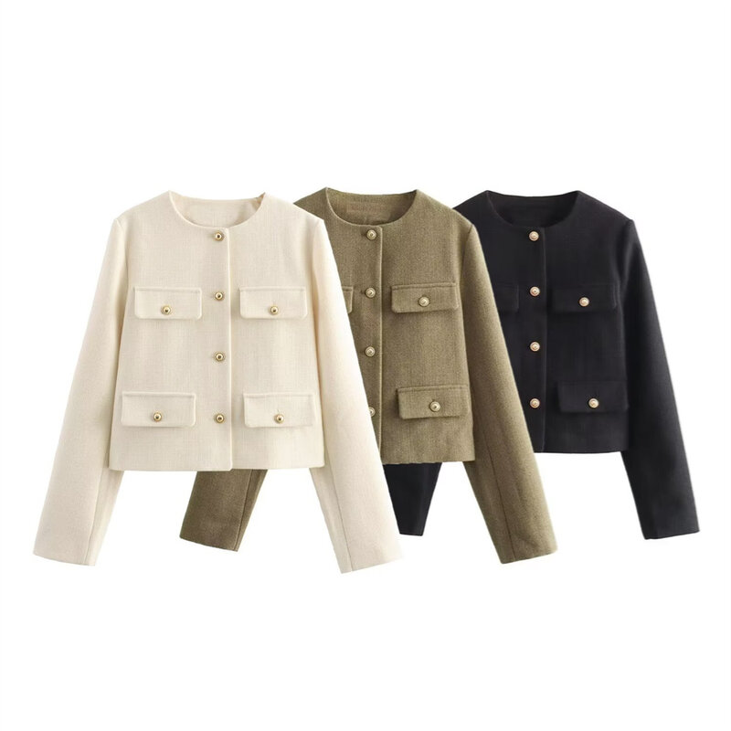 Unizera Winter neues Produkt Damenmode und lässig vielseitige Rundhals-Flip-Dekoration Kurz anzug Mantel