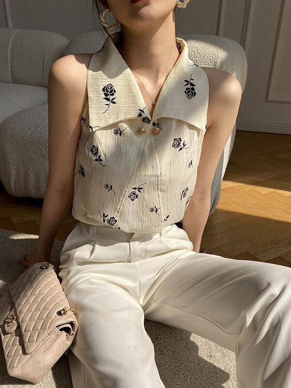 Jmprs Vintage Print Sleeveless Shirt Women Korean Elegant Chiffon Blouse Summer Retro Design Turn Down Collar Office Lady Tops