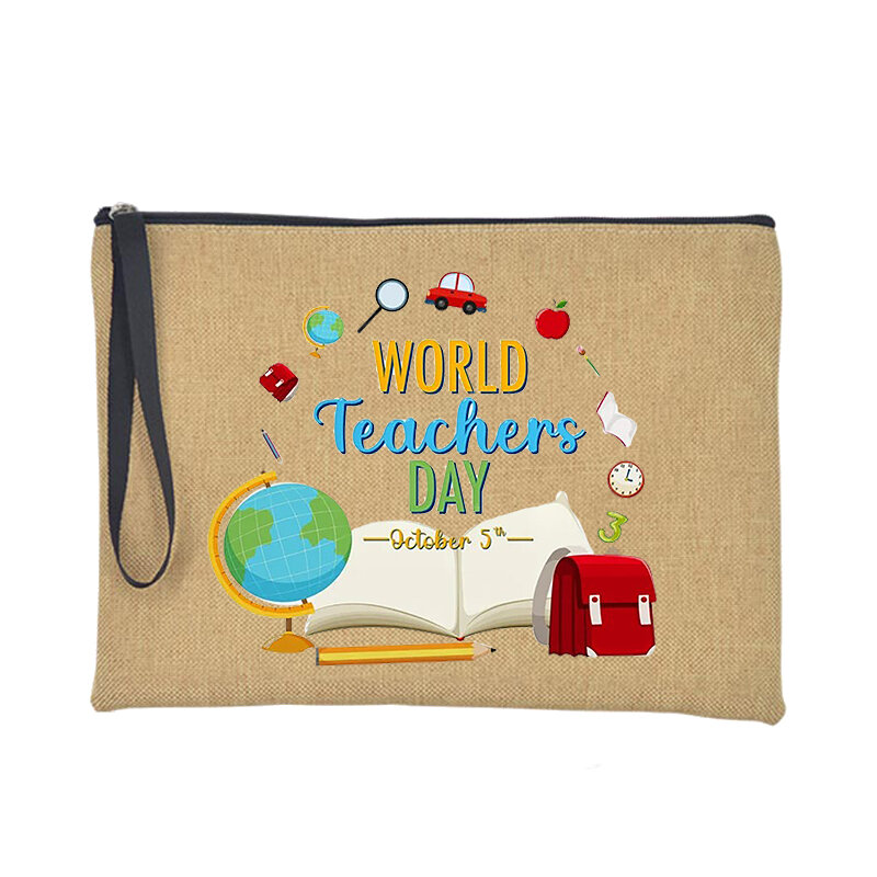 Happy Teacher's Day Gift Makeup Bag Women Linen Pencil Case Gift for Graduation Retirement Teachers Portable Organizer Pouch Bag